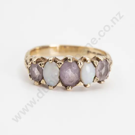 9ct Five Stone Amethyst and Opal Bridge Ring