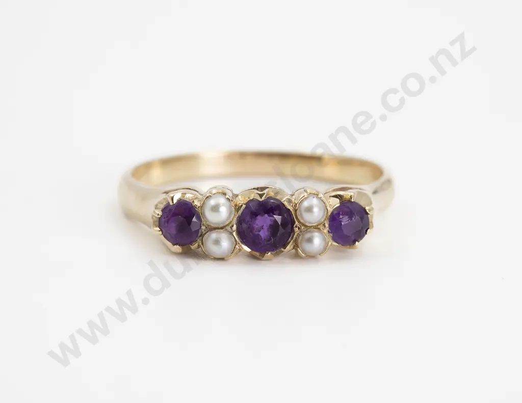 9ct Seven Stone Amethyst and Half Pearl Bridge Ring Image 1++