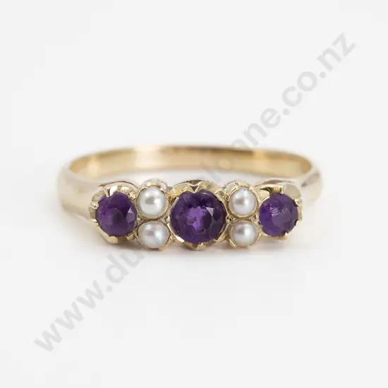9ct Seven Stone Amethyst and Half Pearl Bridge Ring