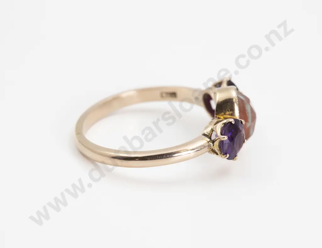 9ct Three Stone Amethyst and Iridescent Gem Crystal Bridge Ring Image 1++