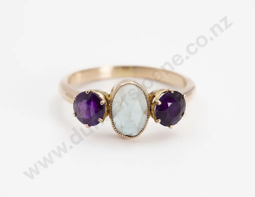 9ct Three Stone Amethyst and Iridescent Gem Crystal Bridge Ring Image 1++