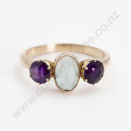 9ct Three Stone Amethyst and Iridescent Gem Crystal Bridge Ring