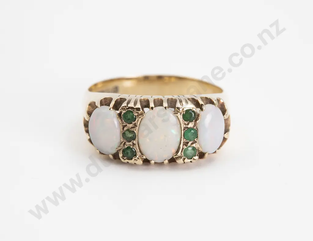 9ct Nine Stone Opal and Emerald Bridge Ring Image 1++