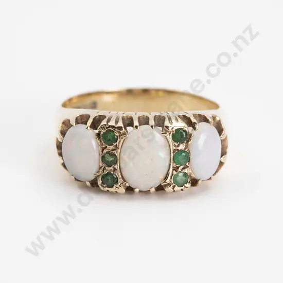 9ct Nine Stone Opal and Emerald Bridge Ring