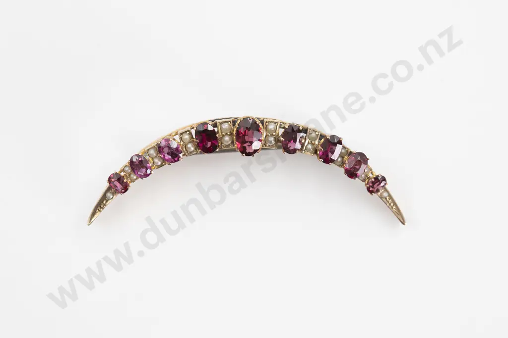 9ct Rose Gold Almandine Garnet and Seed Pearl Crescent Brooch Image 1++