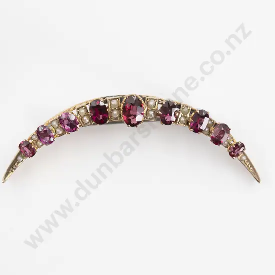 9ct Rose Gold Almandine Garnet and Seed Pearl Crescent Brooch