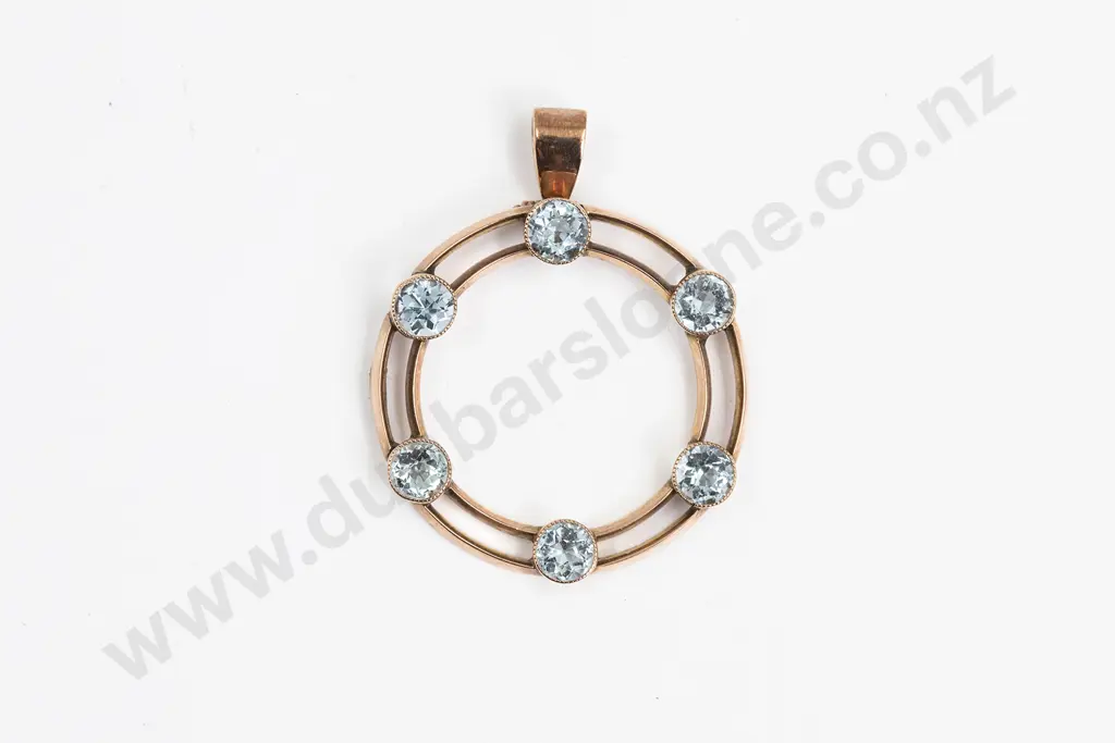 Edwardian 9ct Six Stone Aquamarine Circlet Pendant Image 1++