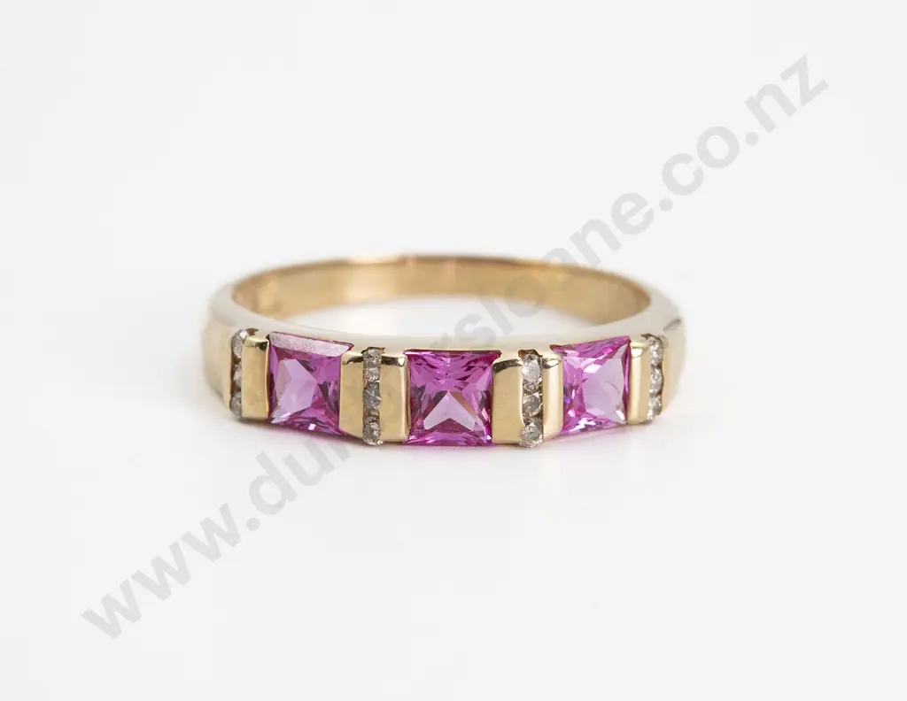 9ct Three Synthetic Pink Sapphire and Diamond Half Eternity Band Image 1++