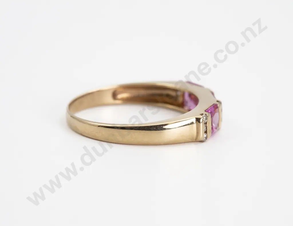 9ct Three Synthetic Pink Sapphire and Diamond Half Eternity Band Image 1++