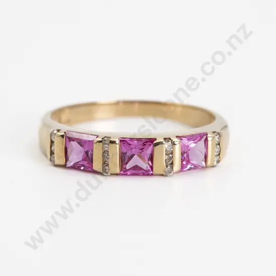9ct Three Synthetic Pink Sapphire and Diamond Half Eternity Band