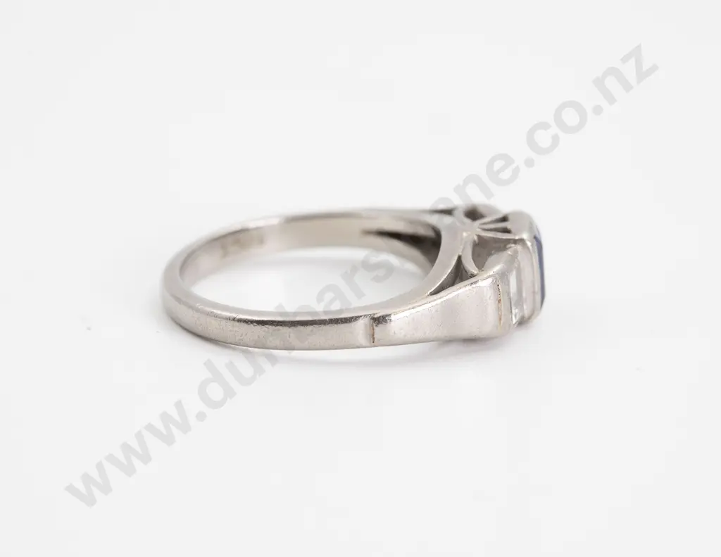 18ct White Gold Three Stone Sapphire and Diamond Bridge Ring Image 1++