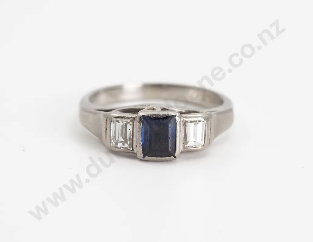 18ct White Gold Three Stone Sapphire and Diamond Bridge Ring Image 1++