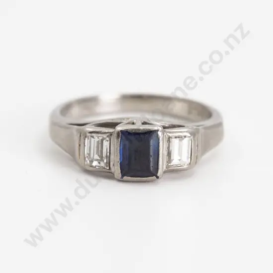 18ct White Gold Three Stone Sapphire and Diamond Bridge Ring