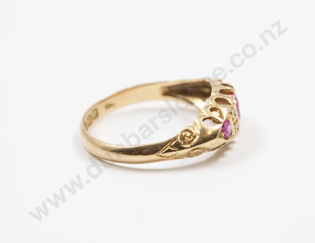 Edwardian 18ct Seven Stone Synthetic Ruby and Diamond Chip Bridge Ring Image 1++