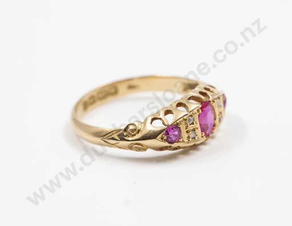 Edwardian 18ct Seven Stone Synthetic Ruby and Diamond Chip Bridge Ring Image 1++