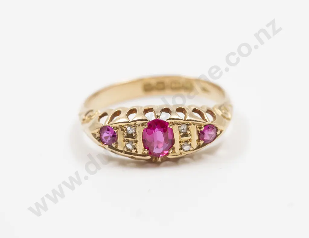 Edwardian 18ct Seven Stone Synthetic Ruby and Diamond Chip Bridge Ring Image 1++