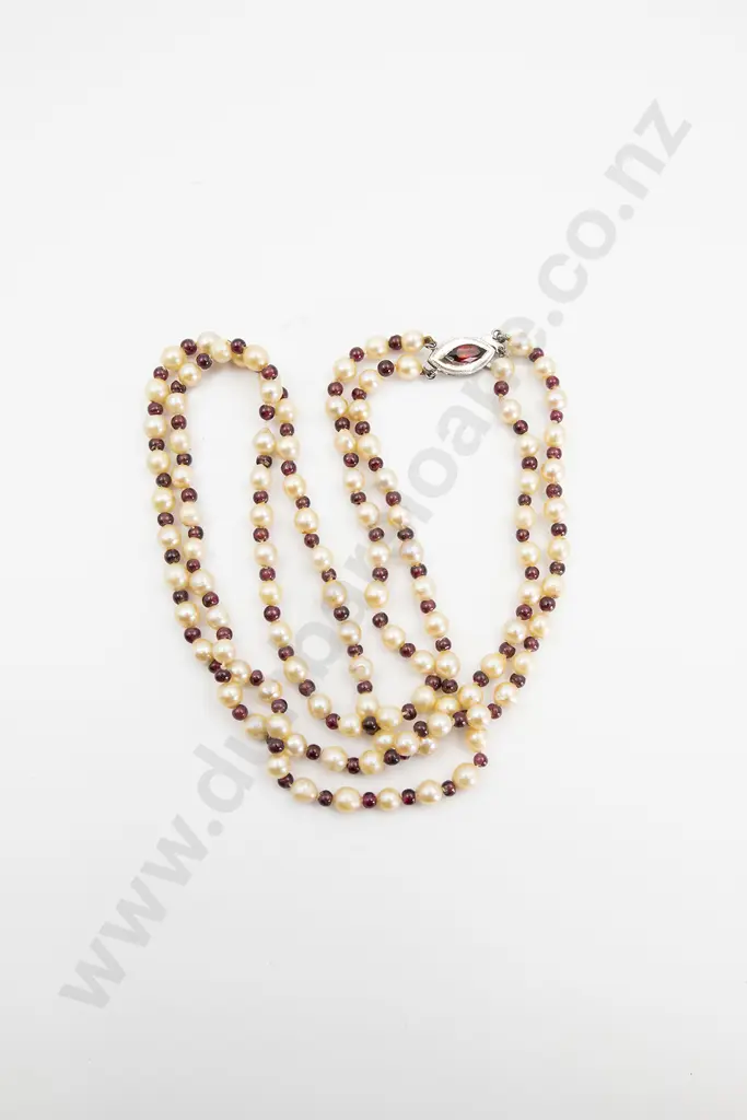 Uniform Double Strand Cultured Semi-Baroque Pearl and Garnet Necklace Image 1++