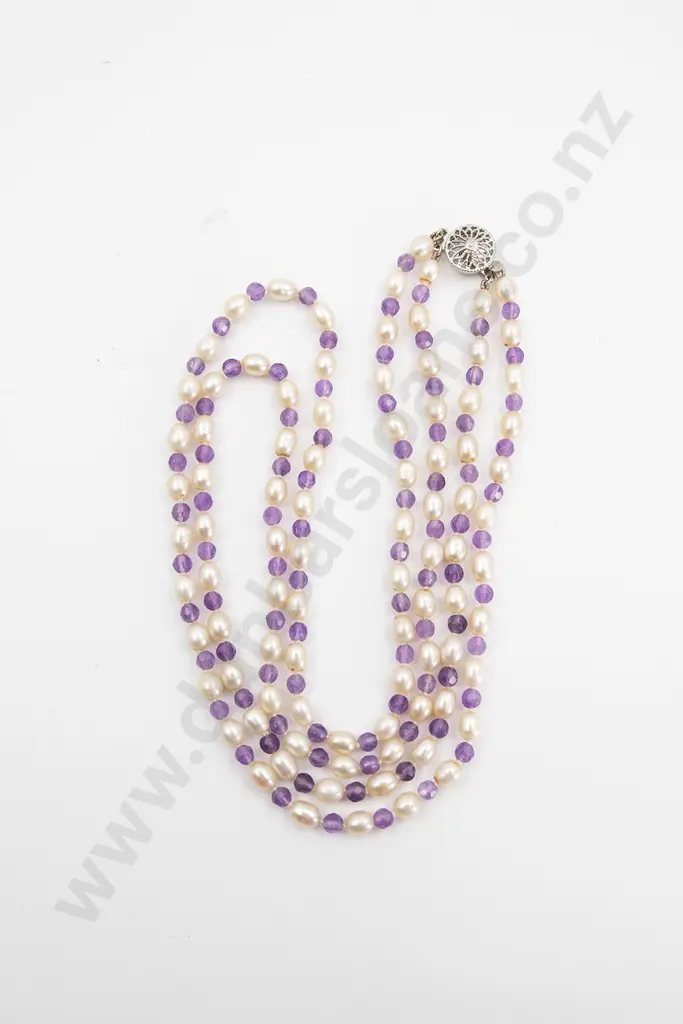 Uniform Double Strand Freshwater Pearl and Amethyst Bead Necklace Image 1++