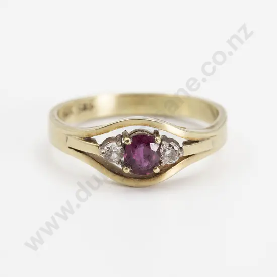 14ct Three Stone Ruby & Diamond Ring