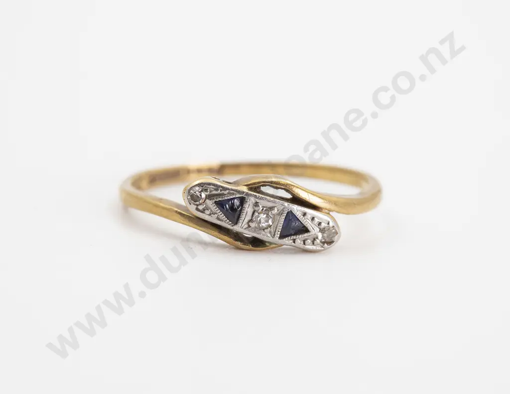 Art Deco 18ct & Platinum Three Stone Sapphire and Diamond Ring Image 1++