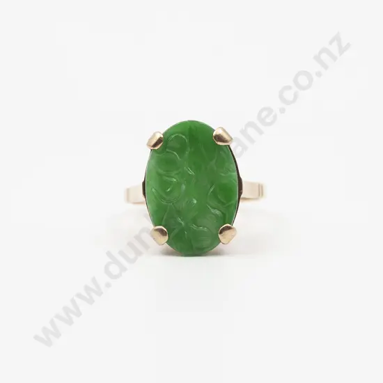 9ct Carved Apple Green Jade Oval Panel Ring