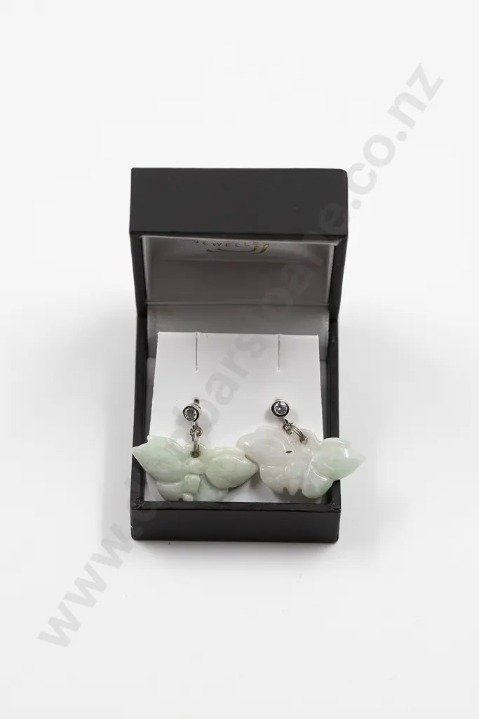 Pair Carved Jade Butterfly Pendant Earrings Image 1++