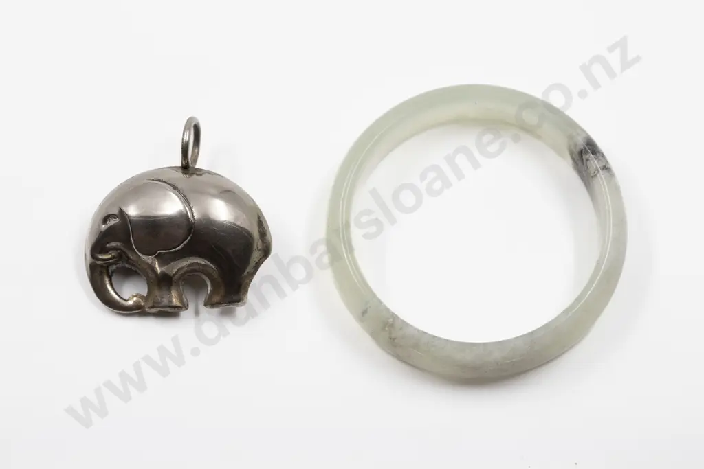 Mutton Fat Jade Bangle and Silver Plate Elephant Rattle Charm Image 1++