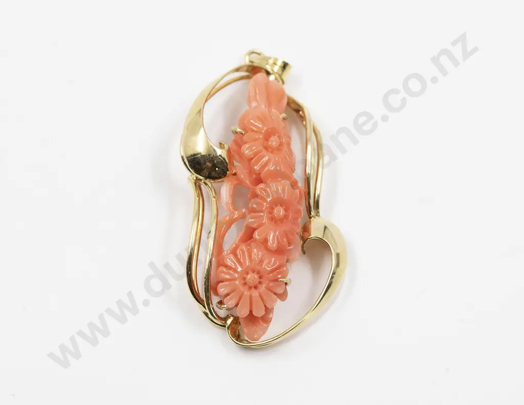 14ct Mounted Floral Carved Pink Coral Pendant Image 1++