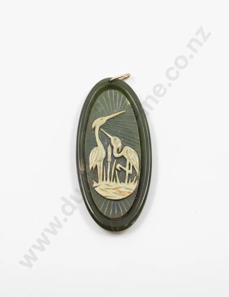 Vintage Chinese Dark Green Jade Inlaid Cranes Longevity Pendant Image 1++