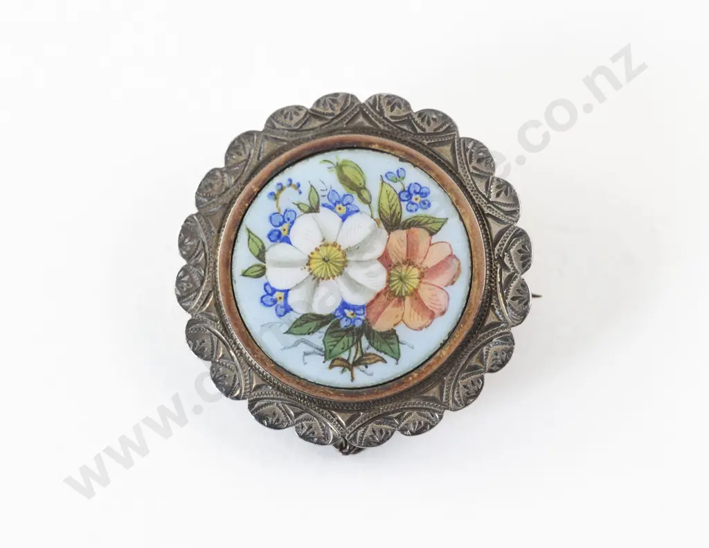 Victorian S/S and Floral Painted Enamel Brooch Image 1++