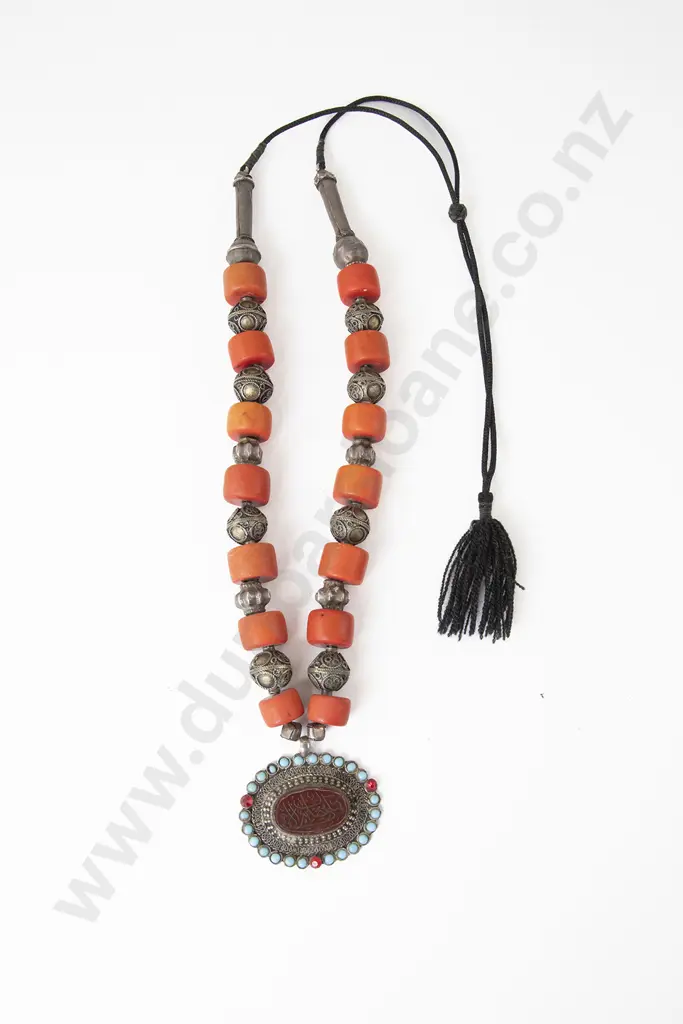 Turkish Red Bamboo Coral and White Metal Bead Pendant Necklace Image 1++