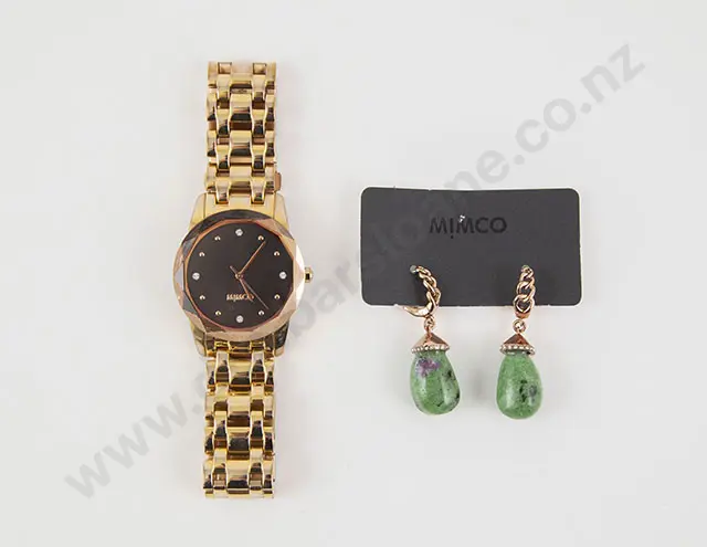 Mimco Dress Wrist Watch and Pair Mimco Polished Gem Stone Pendant Earrings Image 1++
