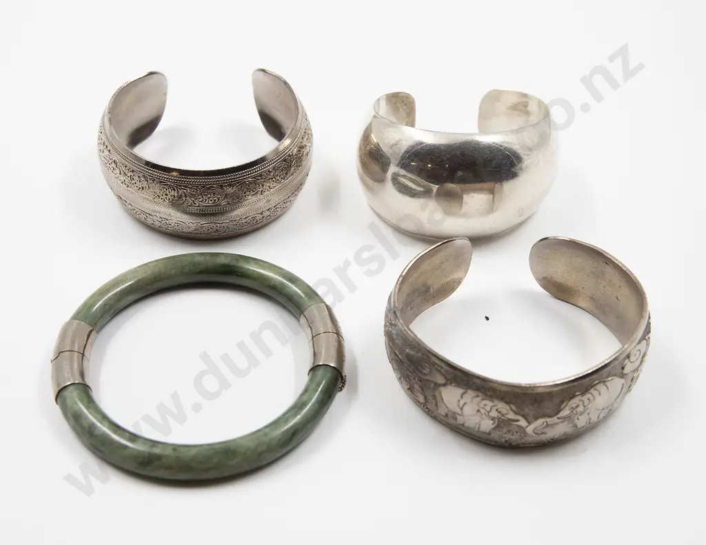 Three Silver Cuff Bangles and Jade Bangle Image 1++