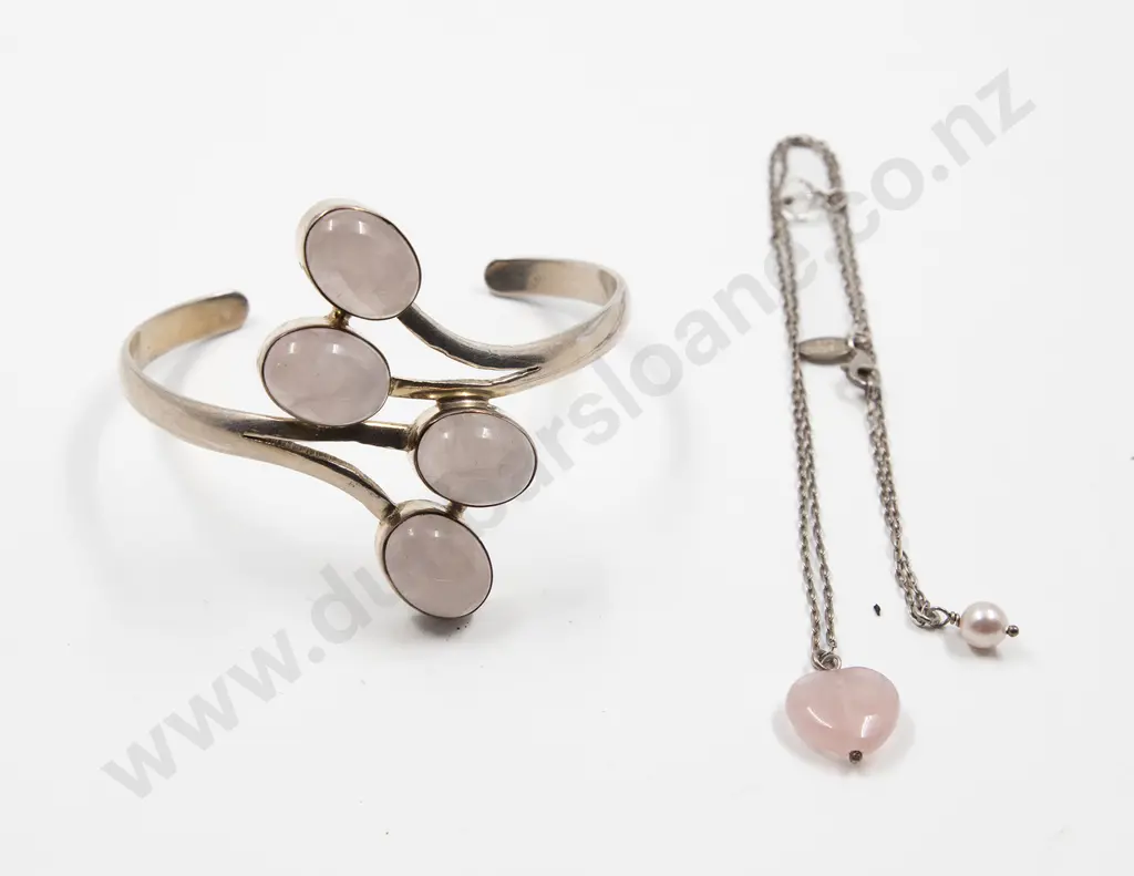 .925 Silver and Rose Quartz Cuff Bracelet Image 1++