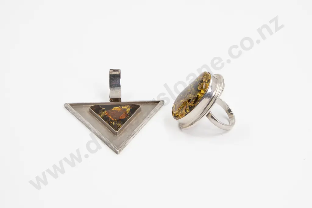 S/S Flecked Amber Dress Ring and Pendant Image 1++