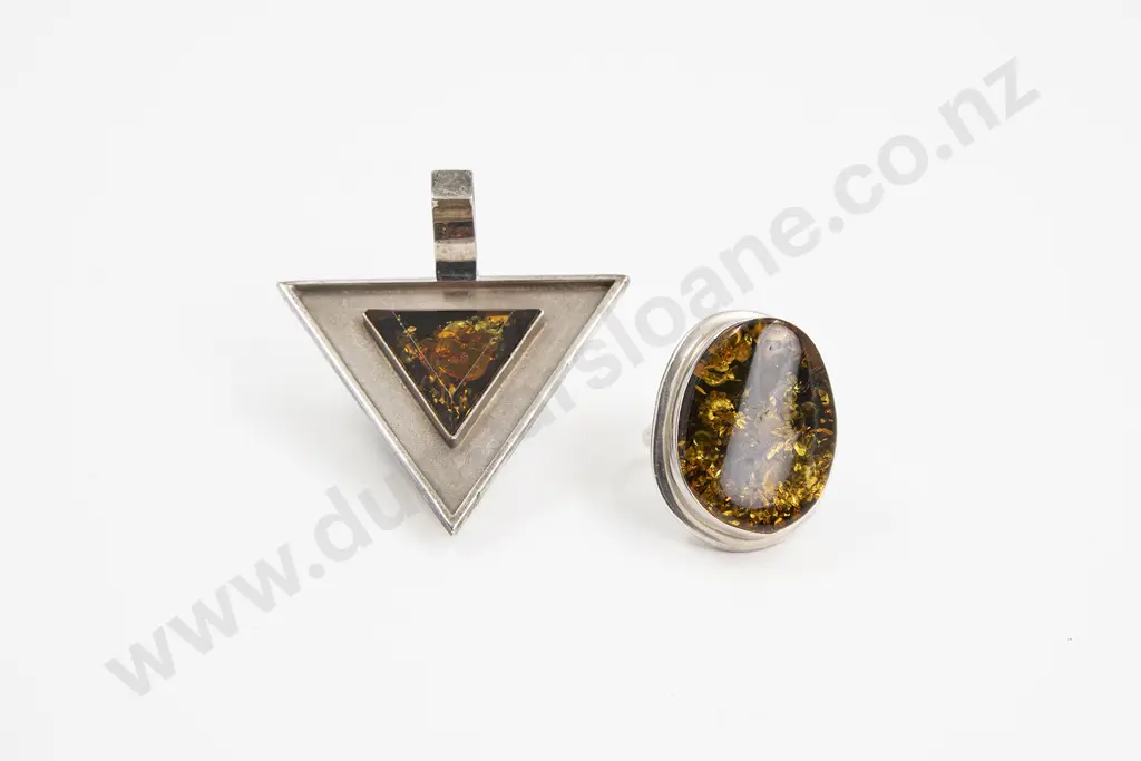 S/S Flecked Amber Dress Ring and Pendant Image 1++
