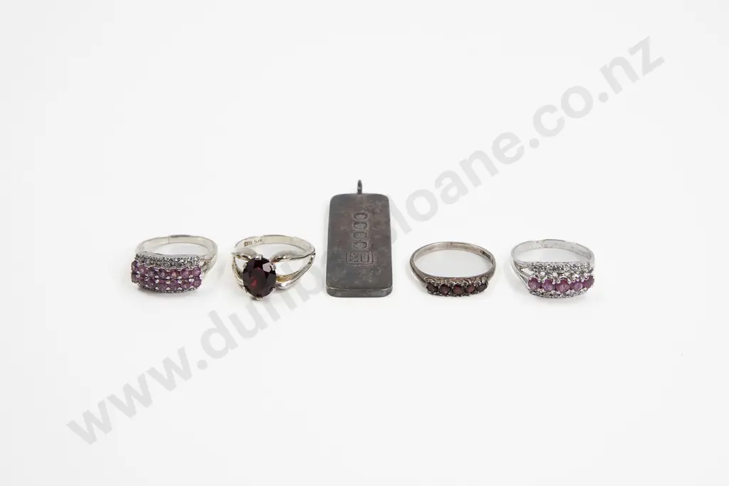 Four .925 Silver and Gem Set Rings with Silver Bar Pendant Image 1++