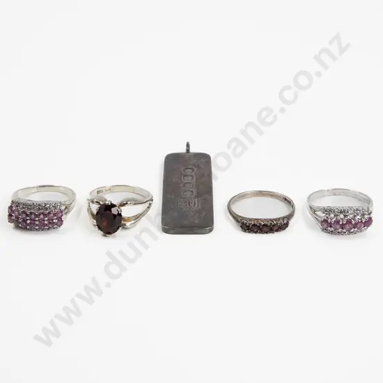 Four .925 Silver and Gem Set Rings with Silver Bar Pendant