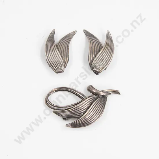 Mid C20th Sterling Silver Leaf Spray Brooch and Matching Clip Back Earrings