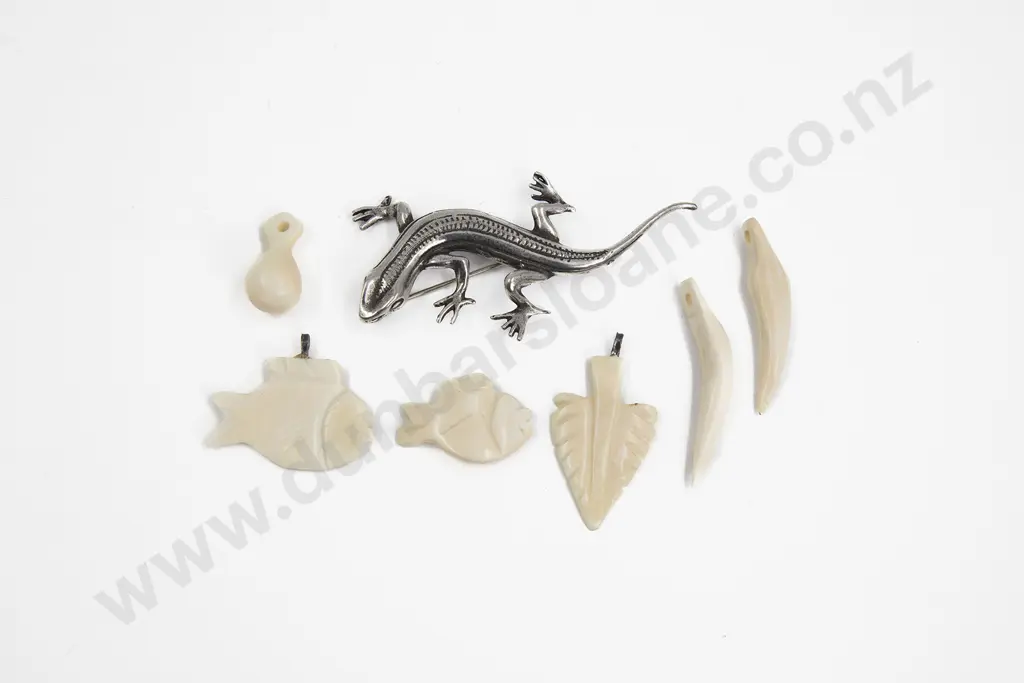 Silver Lizard Brooch and Five Marine Ivory Charms Image 1++
