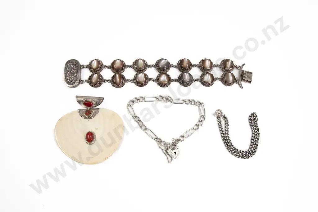 Three Silver Bracelets and Ivory Pendant Image 1++
