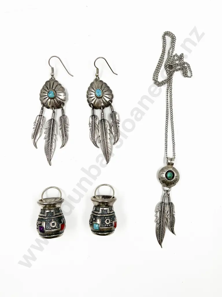 North American S/S and Turquoise Pendant Earrings Image 1++