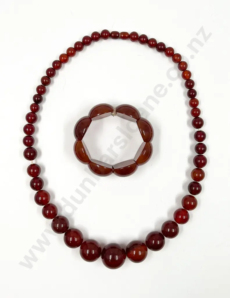 Edwardian Single Strand Graduated Cherry Amber Bead Necklace and Bracelet Image 1++