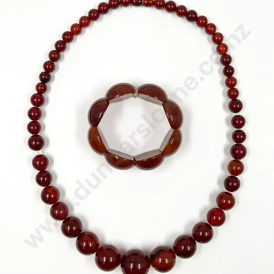 Edwardian Single Strand Graduated Cherry Amber Bead Necklace and Bracelet