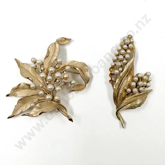 Mid C20th Trifari and Capri Faux Pearl and Leaf Spray Brooches