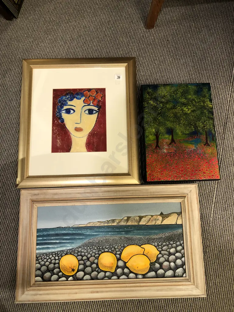 Three Assorted Originals Incl. Oil on Canvas Harbor Scene by J.S. Image 1++