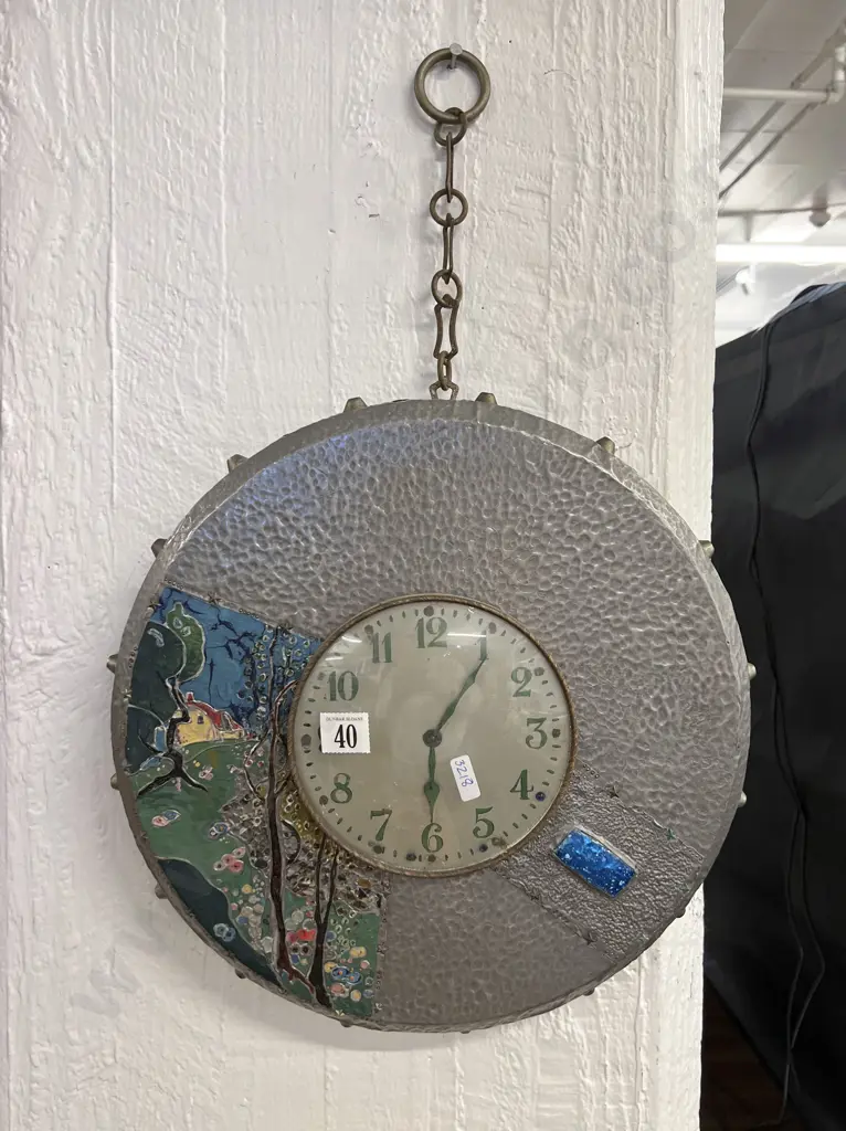 Art Nouveau Style Painted Pewter Wall Clock Image 1++
