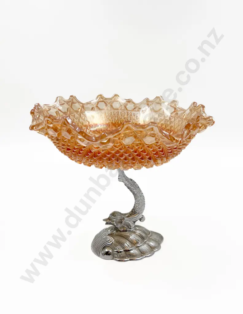 Carnival Glass Comport With Metal Fish Form Base Image 1++
