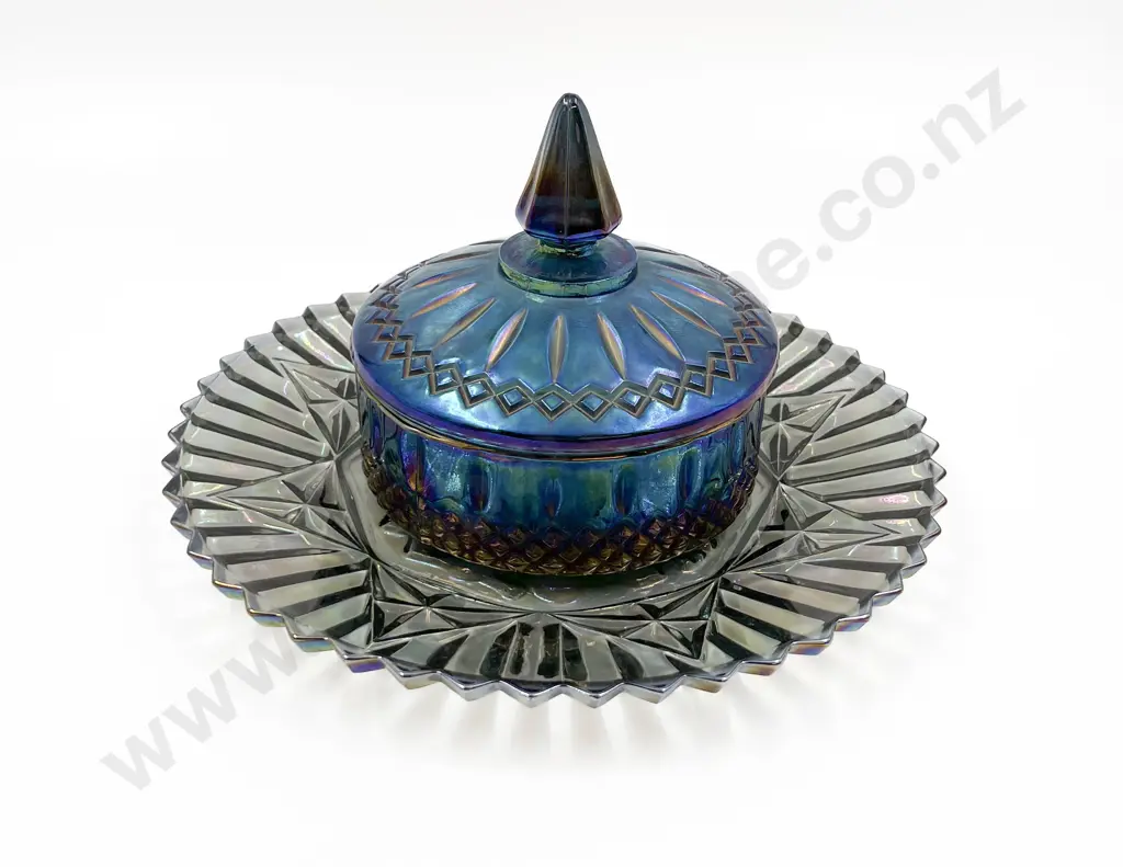 Two Pieces of Carnival Glass Incl. Iridescent Lidded Jar Image 1++