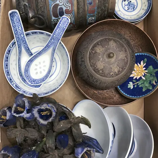 Box of Assorted China and Ornaments Together With Copper Bowl
